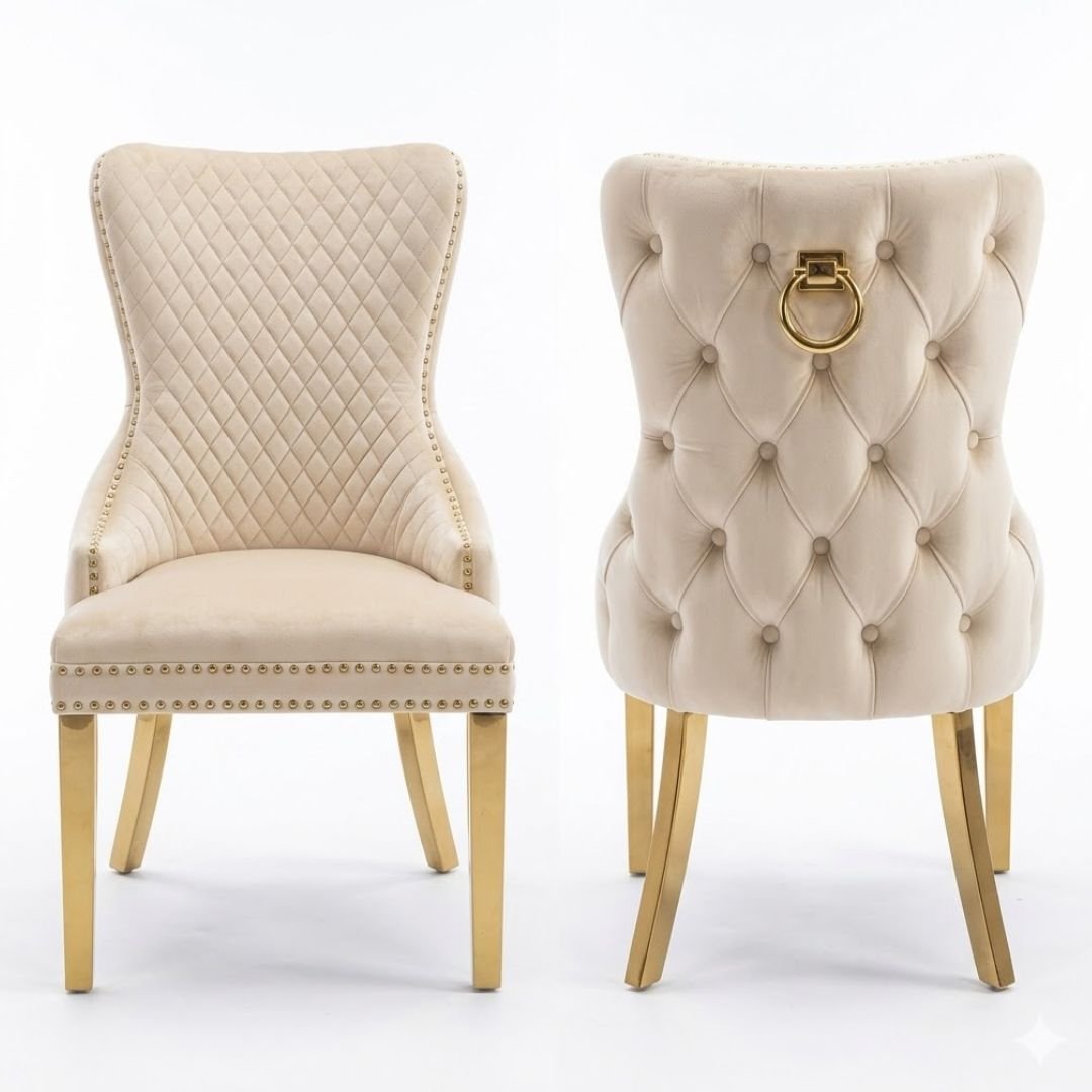 Set of 2 Mink Victoria Dining Chairs with Ring Knocker & Gold Legs
