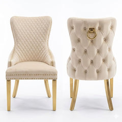 Set of 2 Mink Victoria Dining Chairs with Ring Knocker & Gold Legs