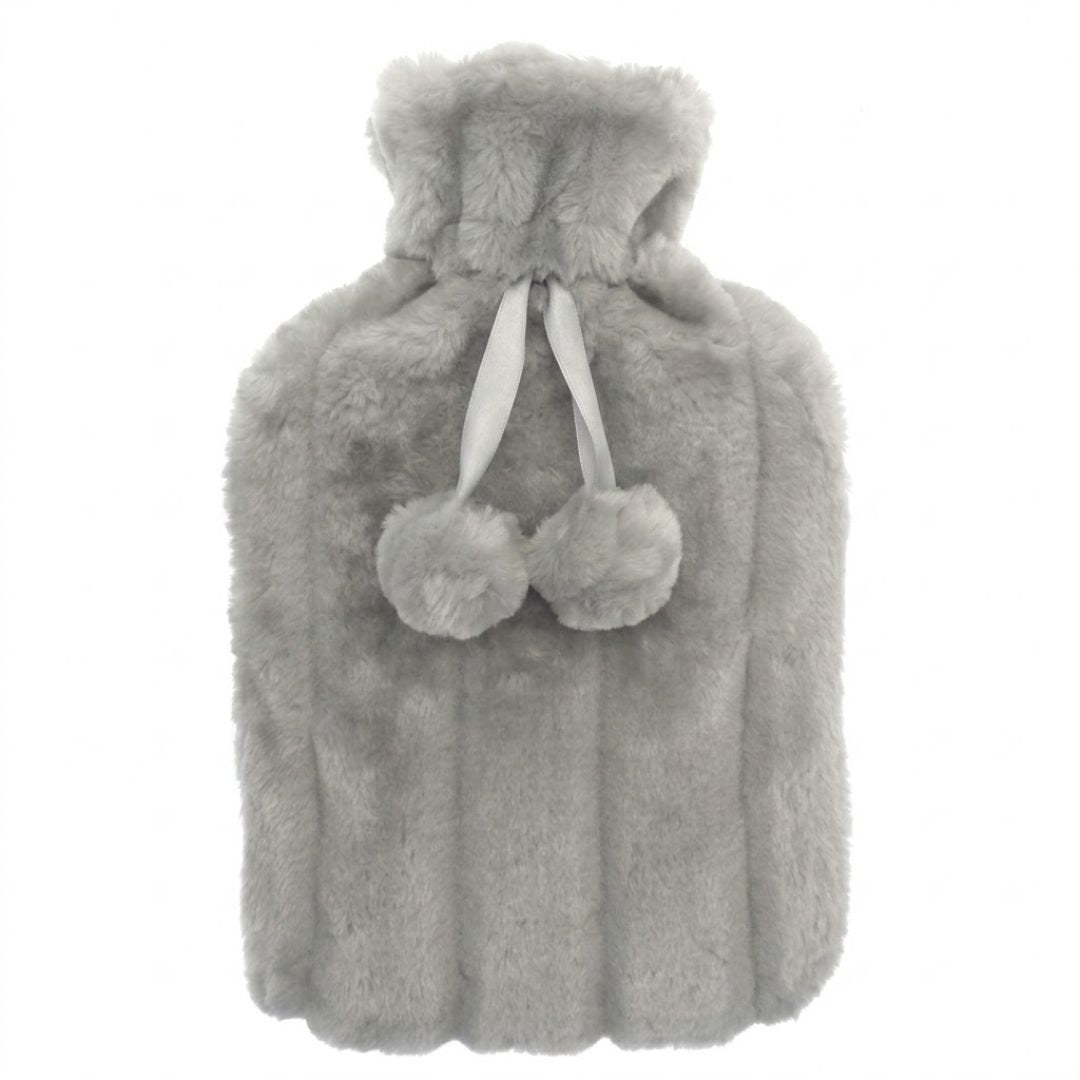 Light Grey 2L Faux Fur Hot Water Bottle - Luxury Plush Pom Pom Gift