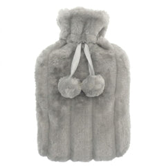 Light Grey 2L Faux Fur Hot Water Bottle - Luxury Plush Pom Pom Gift