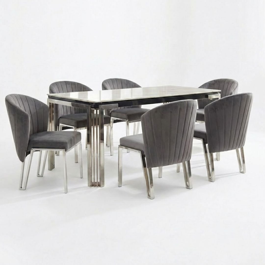 Sorrento 180cm White Marble Silver Leg Dining Table & 6 Fabio Grey Chairs