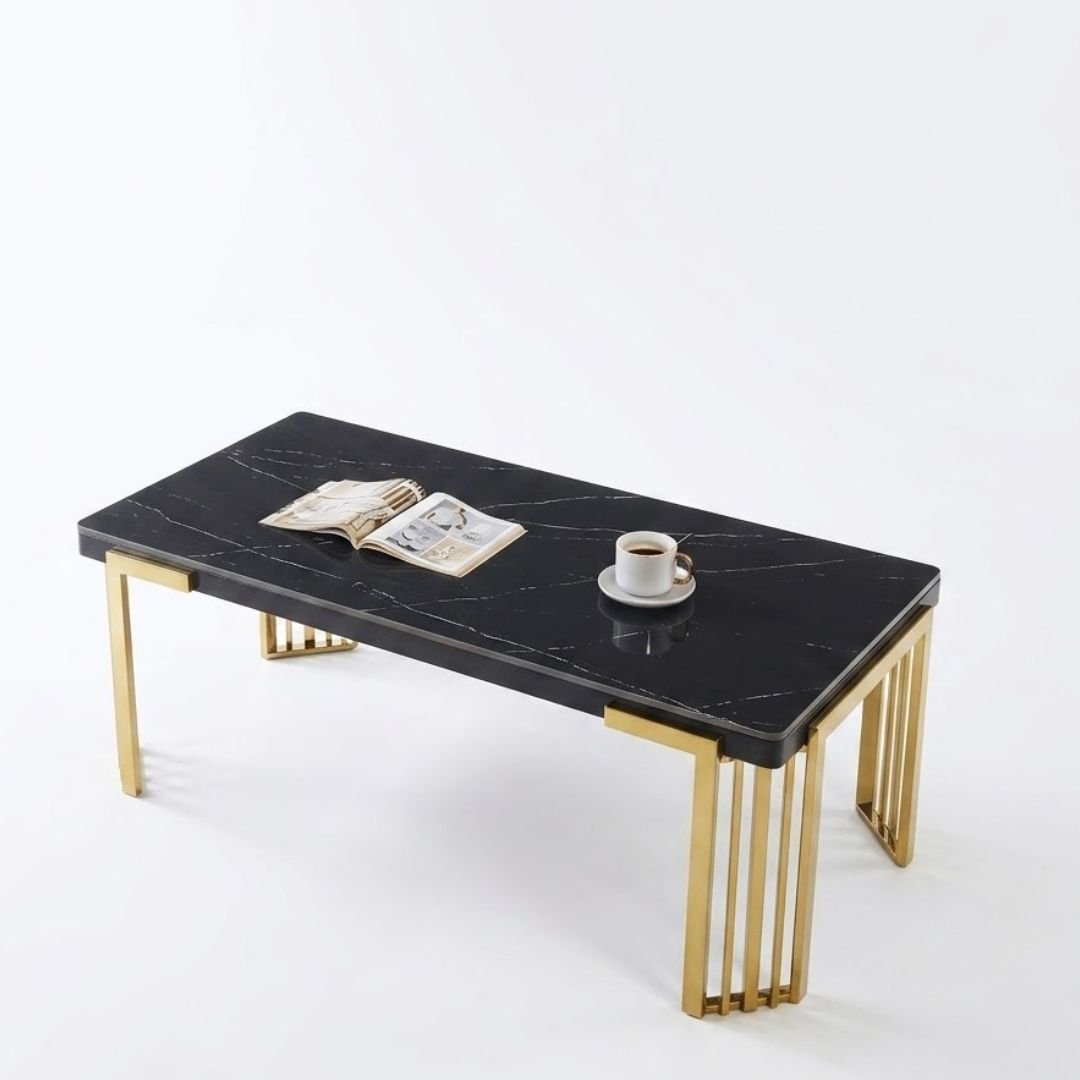 Cindy Black Sintered Stone Coffee Table - Luxury Gold Geometric Base