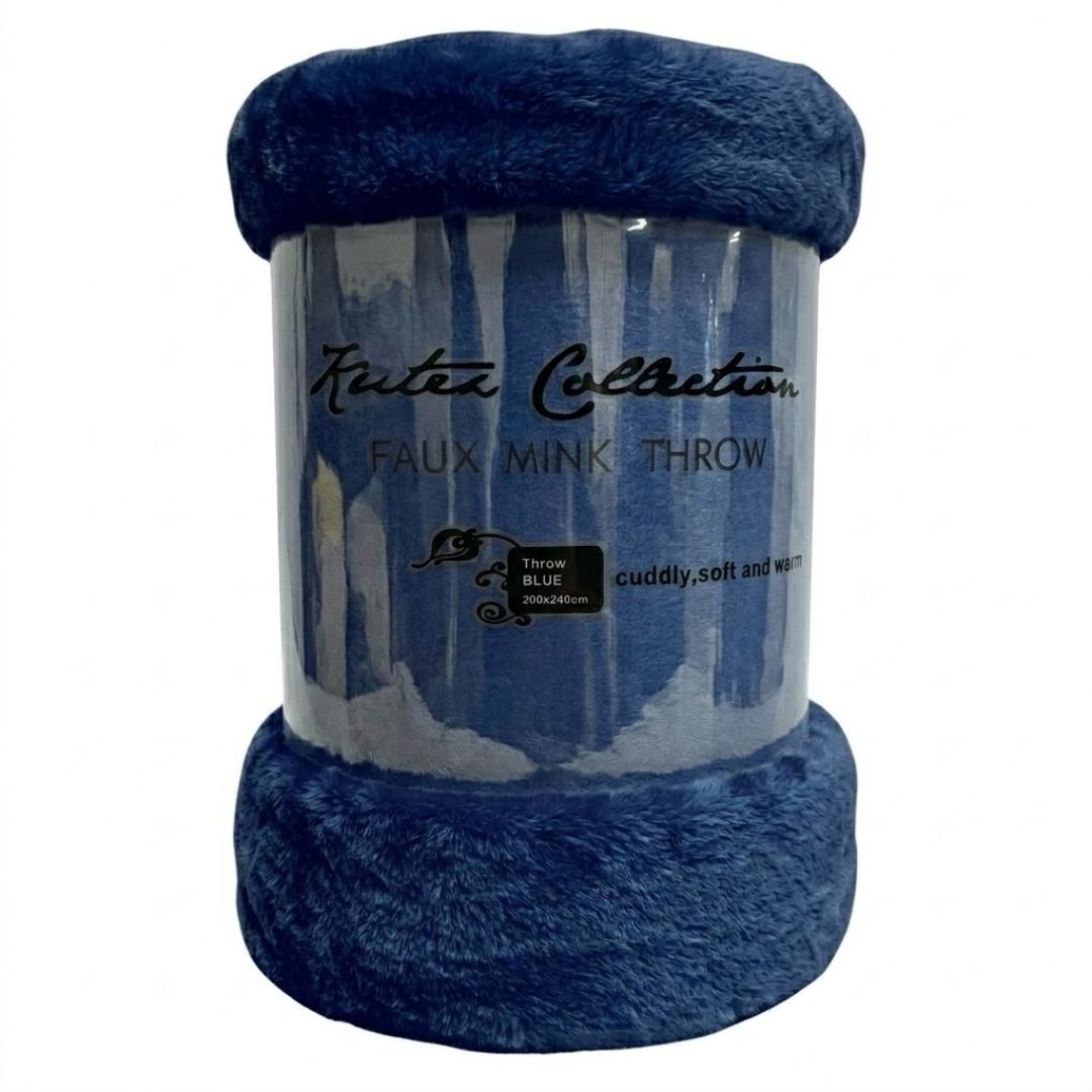 Kutex Blue Faux Mink Throw - 200x240cm Extra Large Soft Warm Blanket