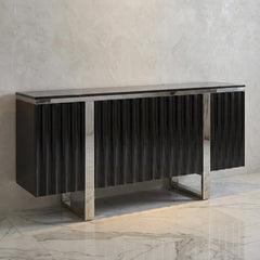 Genoa Grey Gloss Fluted Sideboard 4 Door Polished Steel Base 146cm