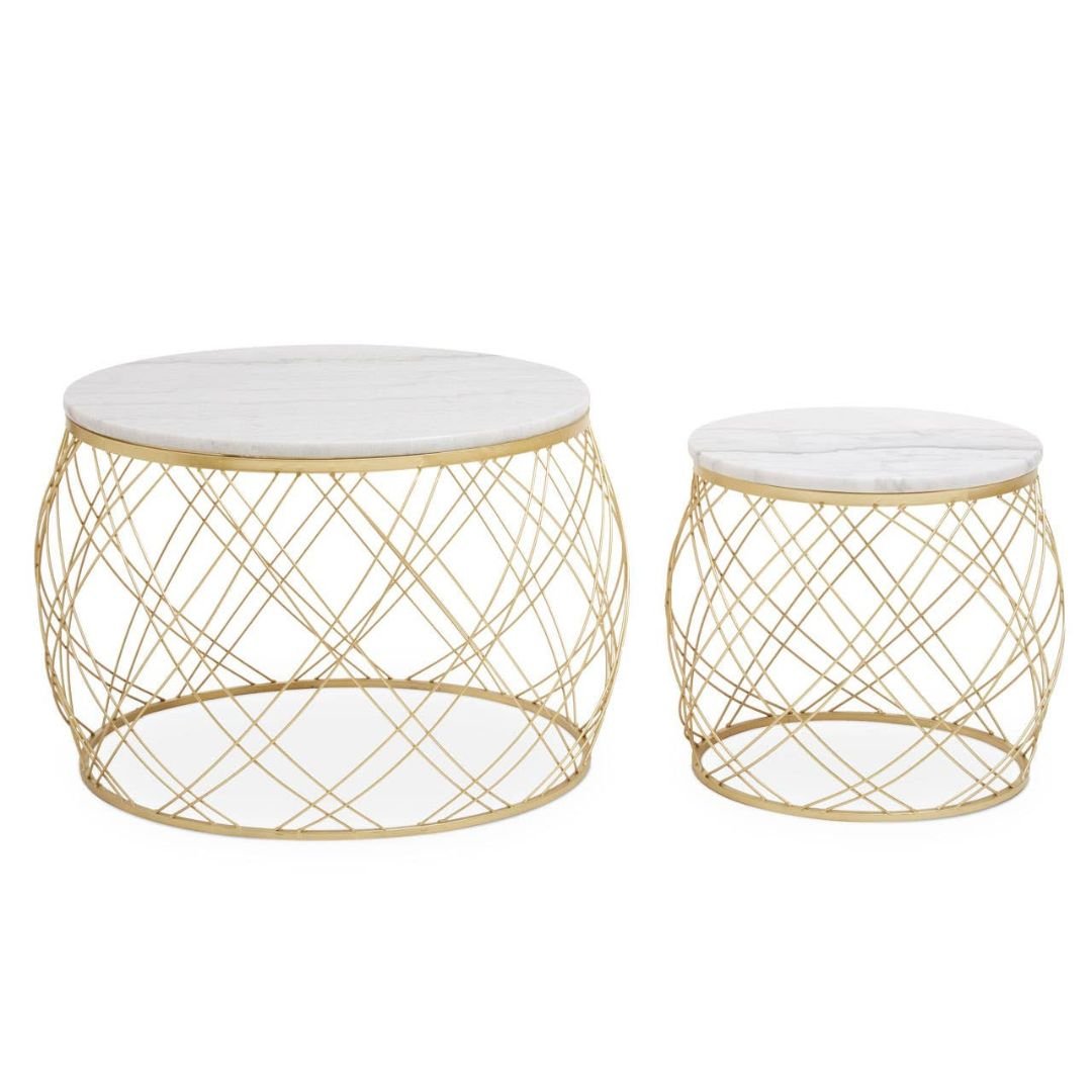 Jodie Set of 2 White Marble Coffee Tables - Geometric Gold Frames
