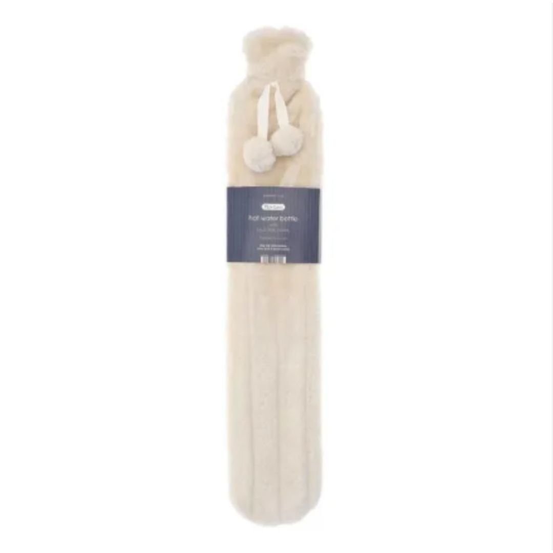 72cm Long Hot Water Bottle with Luxury Grey Faux Fur Cover & Pom Poms