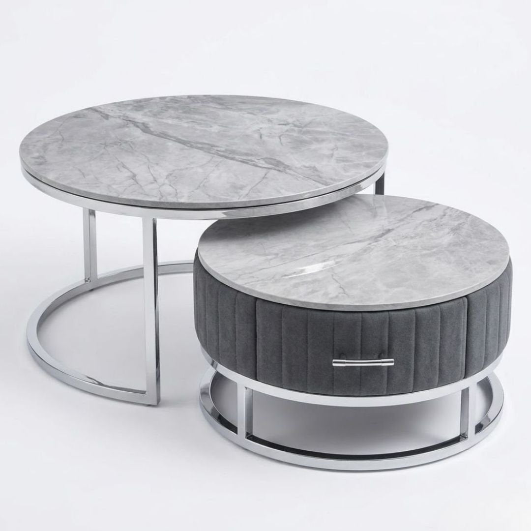 Melrose Grey Ceramic Nest Of Coffee Tables - Set of 2 Storage Grey Fabric