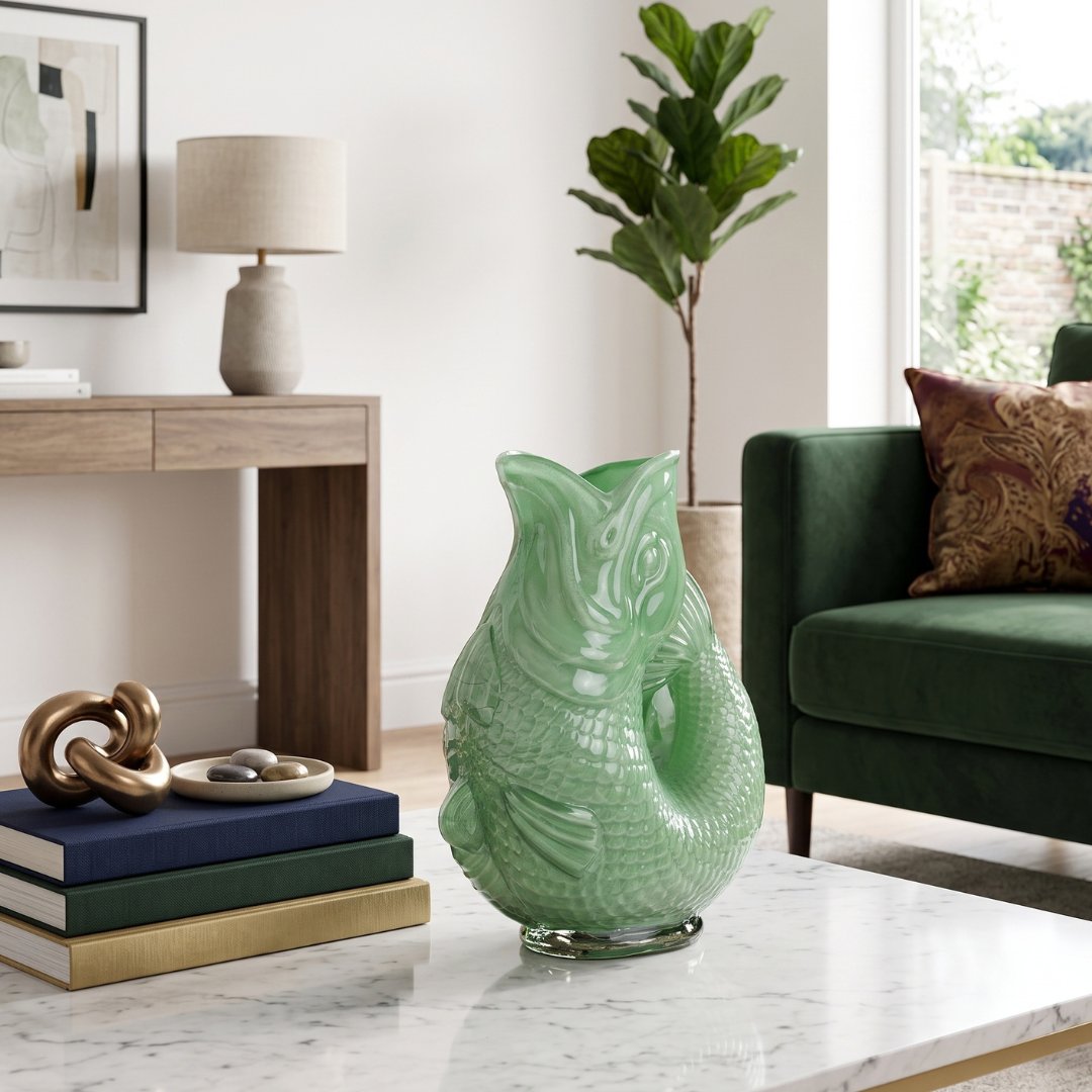 Home Luxe Sage Green Glass Fish Shaped Flower Vase Home Decor | 30cm