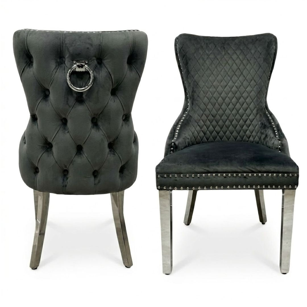 Set of 2 Grey Victoria Dining Chairs with Ring Knocker & Silver Legs