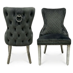 Set of 2 Grey Victoria Dining Chairs with Ring Knocker & Silver Legs