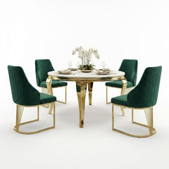 Sofia 150cm Cream Gold Marble Dining Table & 4 Lasco Green Gold Chairs