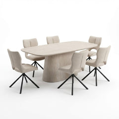 Davos 180cm Beige Ceramic Oval Table & 6 Roseland Beige Swivel Chairs