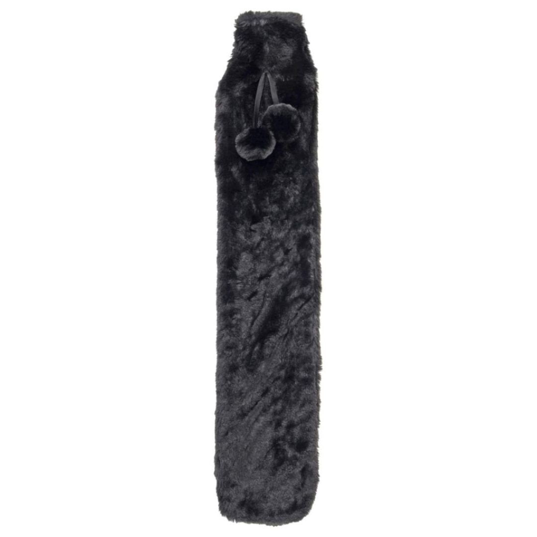 72cm Long Hot Water Bottle with Luxury Black Faux Fur Cover & Pom Poms