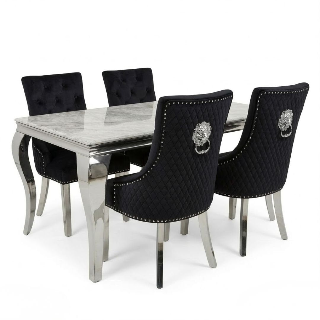 Sofia 1.5m Grey Marble Dining Table & 4 Black Minister Lion Chairs