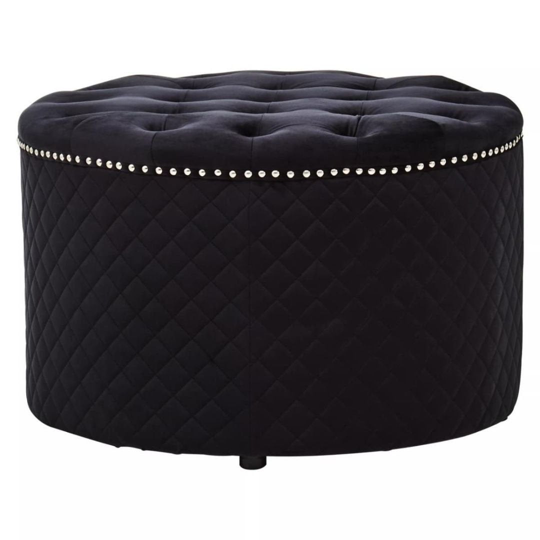 Zamora Round Black Velvet Ottoman - Button Tufted with Stud Detail