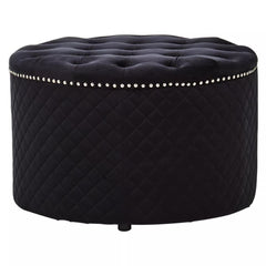 Zamora Round Black Velvet Ottoman - Button Tufted with Stud Detail