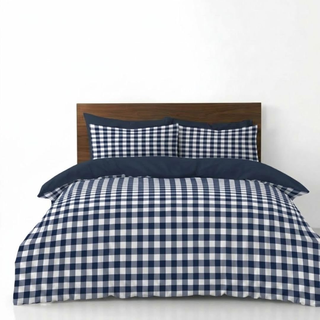 Gaveno Cavailia Blue Gingham Double Duvet Cover Microfibre Bed Set