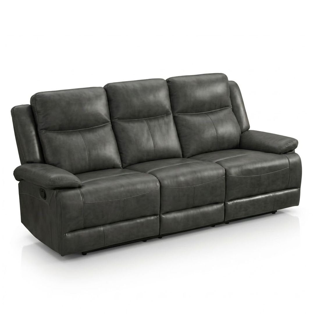 Casper Grey Leather 3 Seater Manual Recliner Sofa Cup Holders