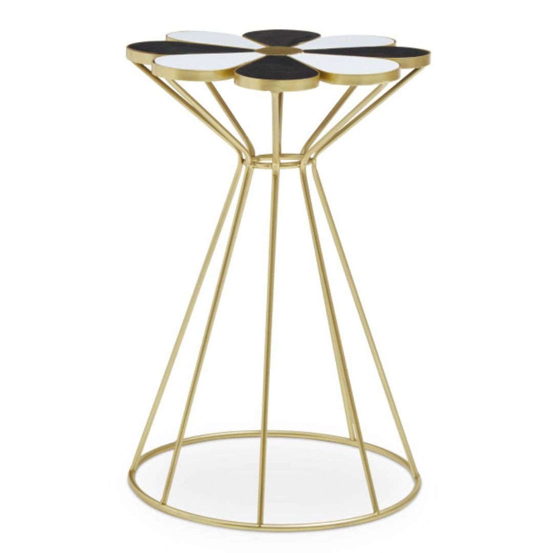 Jodie Black and White Flower Petal End Table - Gold Hourglass Base