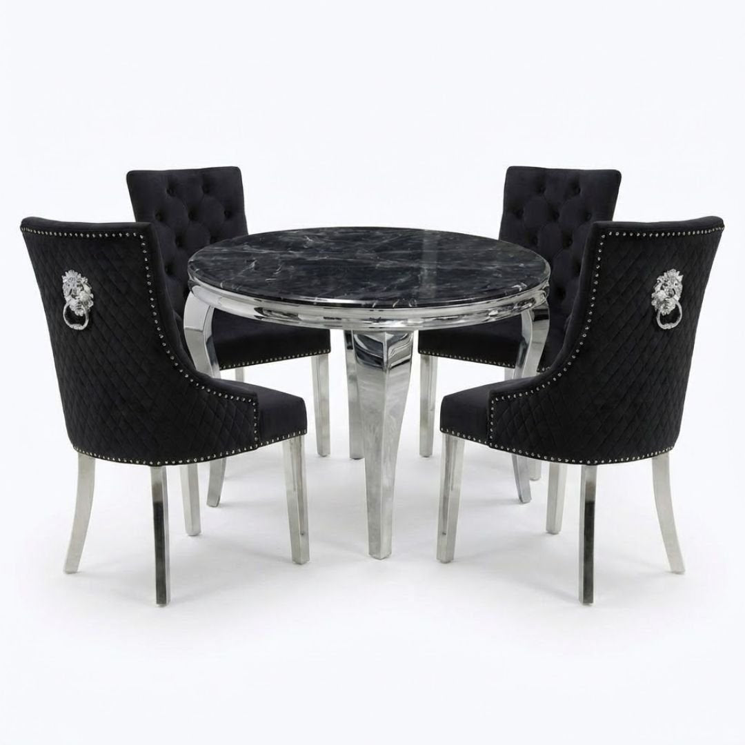 Sofia 1.1m Round Grey Marble Dining Table & 4 Minister Black Chairs