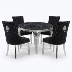 Sofia 1.1m Round Grey Marble Dining Table & 4 Minister Black Chairs
