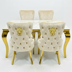 Sofia 1.2m Cream & Gold Marble Table & 4 Victoria Mink Lion Chairs