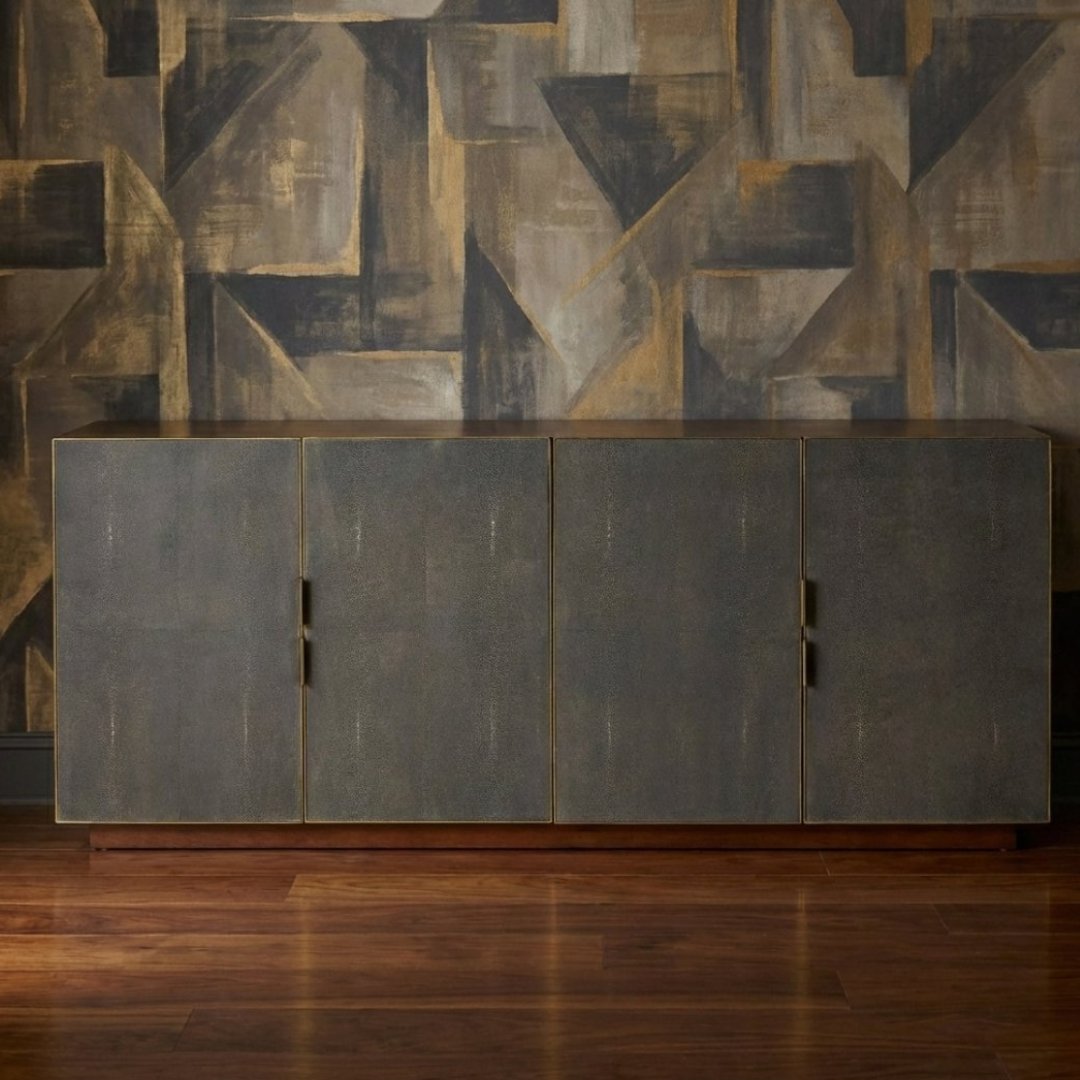 Kempton Walnut & Shagreen 4 Door Sideboard Brass Trim 160cm