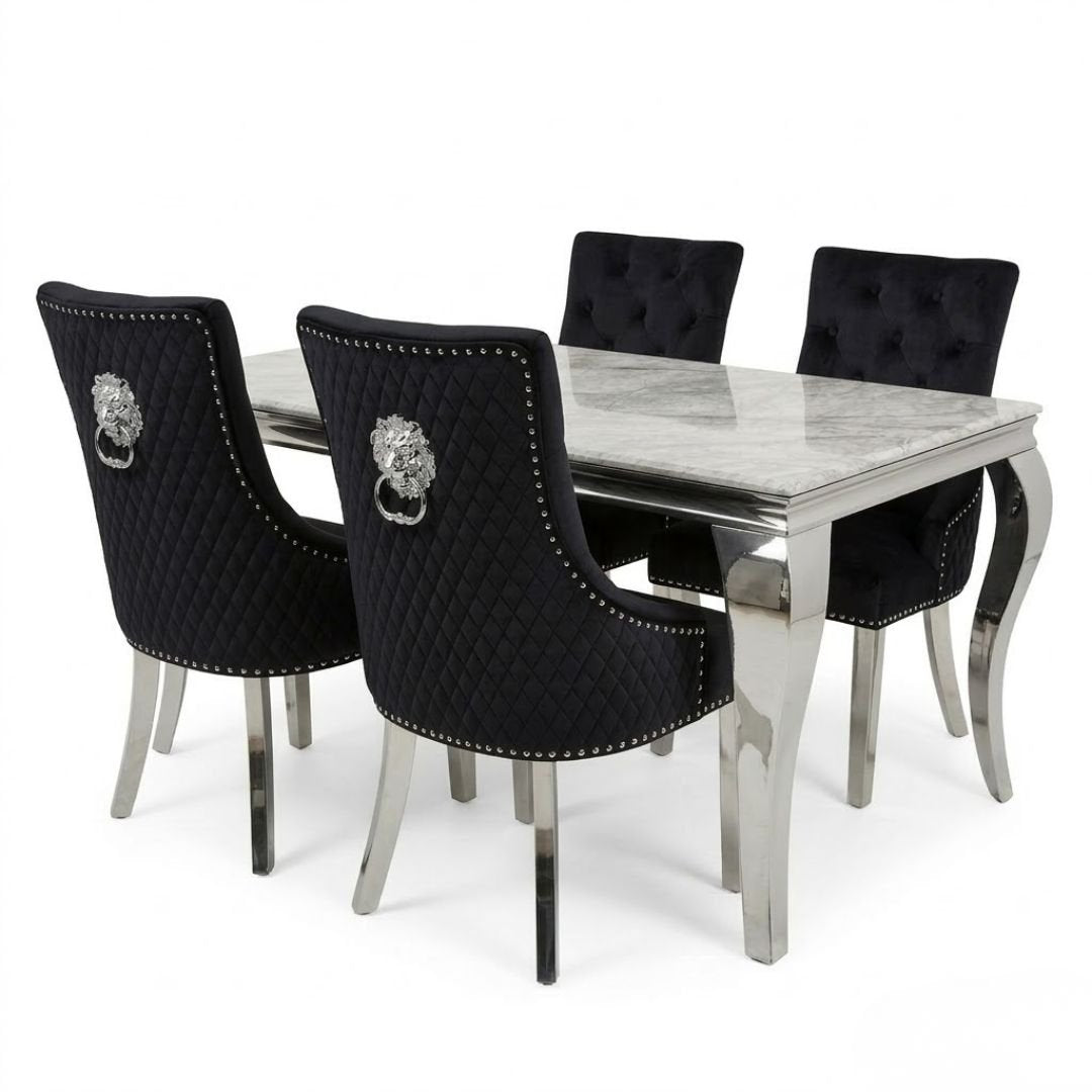 Sofia 1.2m Grey Marble Dining Table & 4 Black Minister Lion Chairs