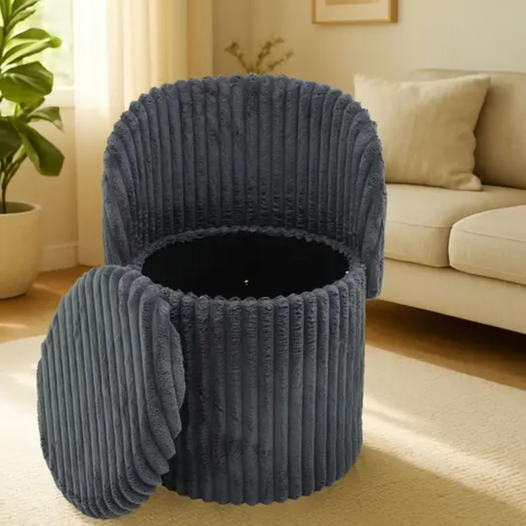 3 In 1 Grey Harp Ribbed Ottoman Storage Stool - Modern Velvet Seat
