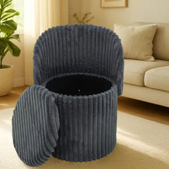 3 In 1 Grey Harp Ribbed Ottoman Storage Stool - Modern Velvet Seat
