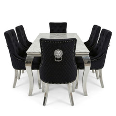 Sofia 1.6m Grey Marble Dining Table & 6 Black Minister Lion Chairs