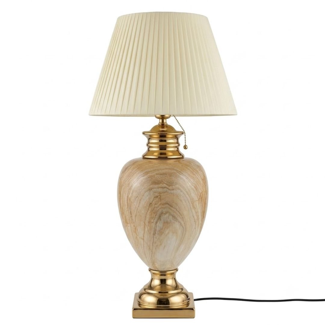 XL Cream & Gold Marble Table Lamp with Pleated Shade 104cm Tall