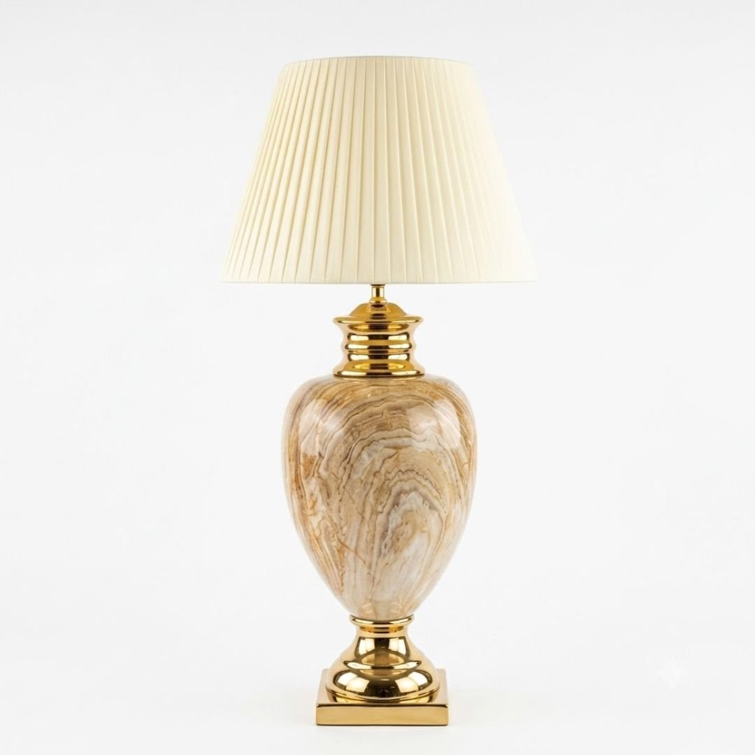 Large Cream & Gold Marble Table Lamp with Pleated Shade 79cm Tall