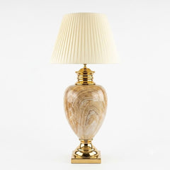 Large Cream & Gold Marble Table Lamp with Pleated Shade 79cm Tall