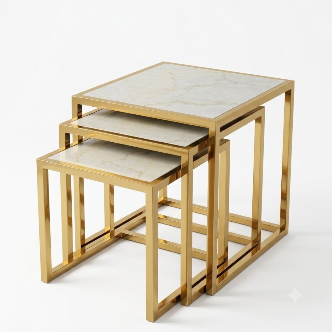 Massa Gold Nest of Tables Set of 3 Cream Marble Modern Side Tables