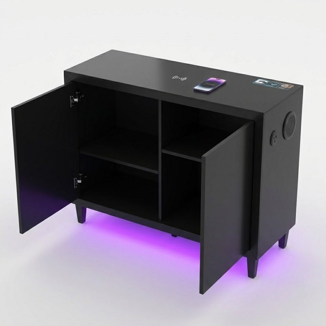 Aura Black Gloss 2 Door Sideboard with LED & Bluetooth Speakers 110cm