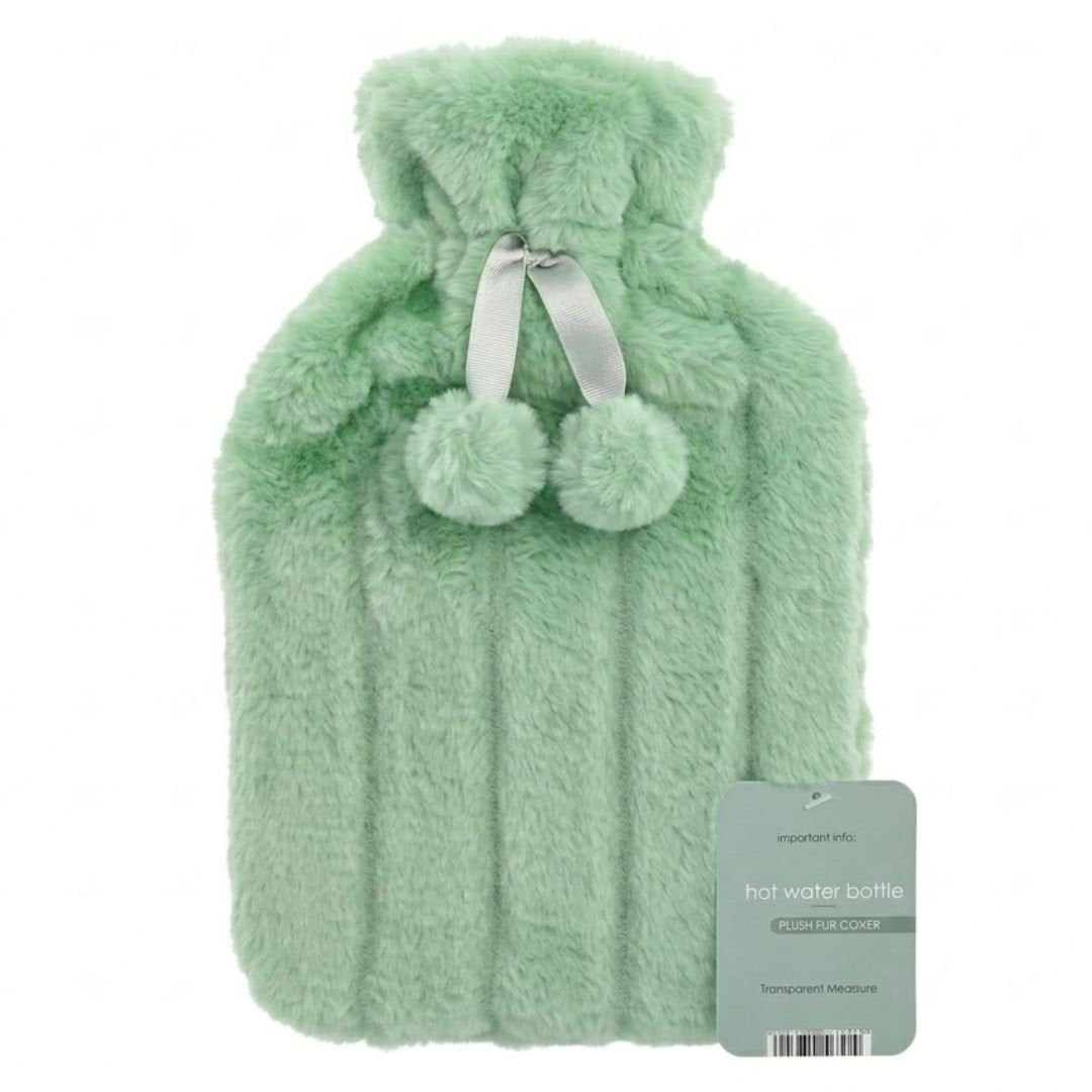 Luxury Green Faux Fur 2L Hot Water Bottle - Soft Plush Warm Gift