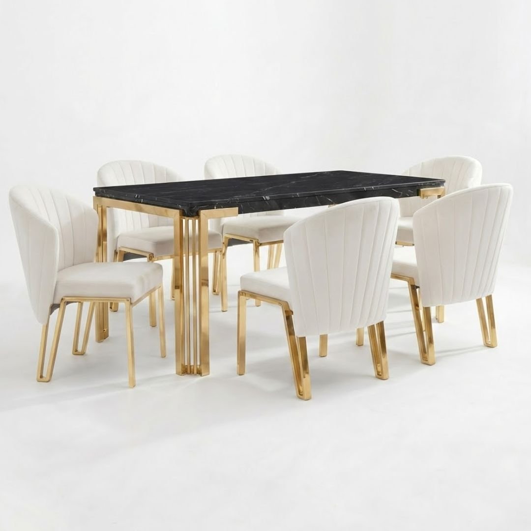 Sorrento 180cm Black Marble Gold Leg Dining Table & 6 Fabio Beige Chairs