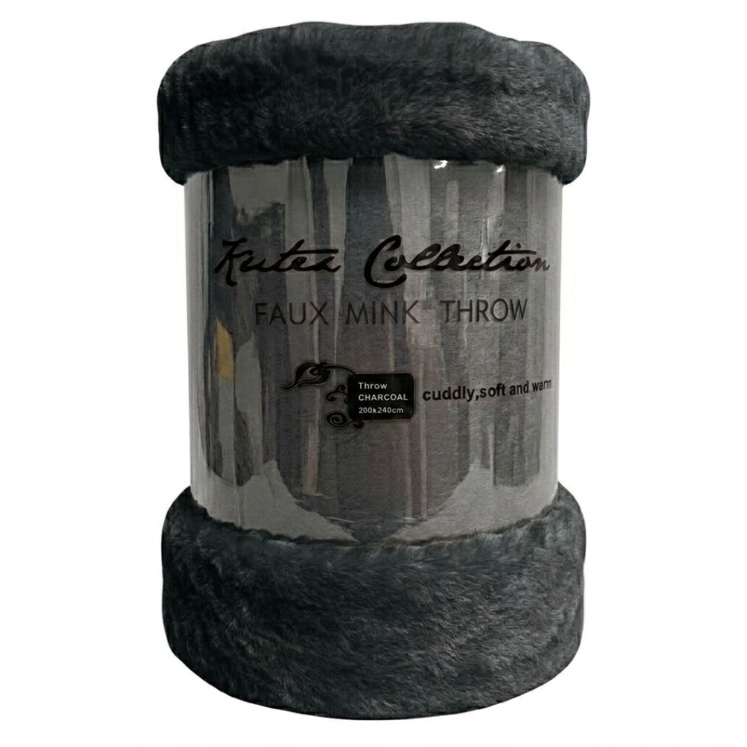 Kutex Charcoal Faux Mink Throw - 200x240cm Extra Large Soft Warm Blanket