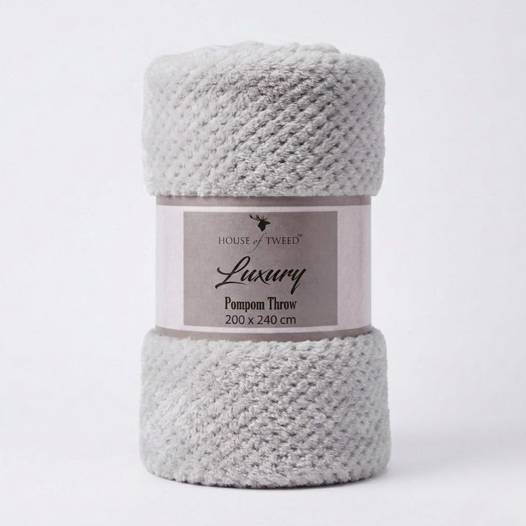 House of Tweed Light Grey Luxury Pompom Throw - Extra Large 200x240cm