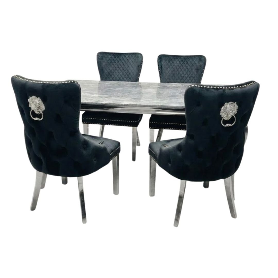 Sofia 1.2m Grey Marble Table & 4 Victoria Black Lion Silver Chairs