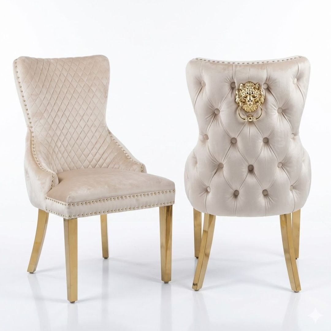 Set of 2 Victoria Mink Velvet & Gold Dining Chairs with Lion Ring Knocker – Home Luxe Interior