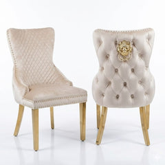 Set of 2 Victoria Mink Velvet & Gold Dining Chairs with Lion Ring Knocker – Home Luxe Interior