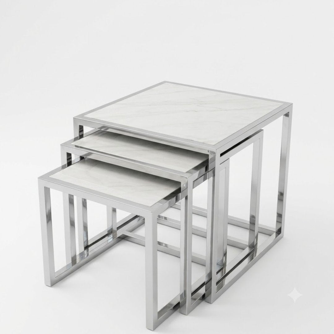 Massa Silver Nest of Tables Set of 3 White Marble Modern Tables