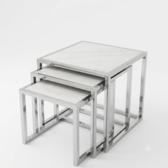 Massa Silver Nest of Tables Set of 3 White Marble Modern Tables