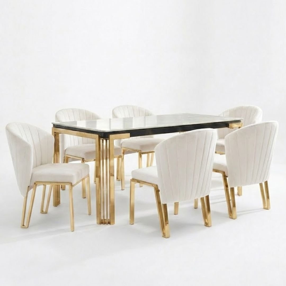 Sorrento 180cm White Marble Gold Leg Dining Table & 6 Fabio Beige Chairs
