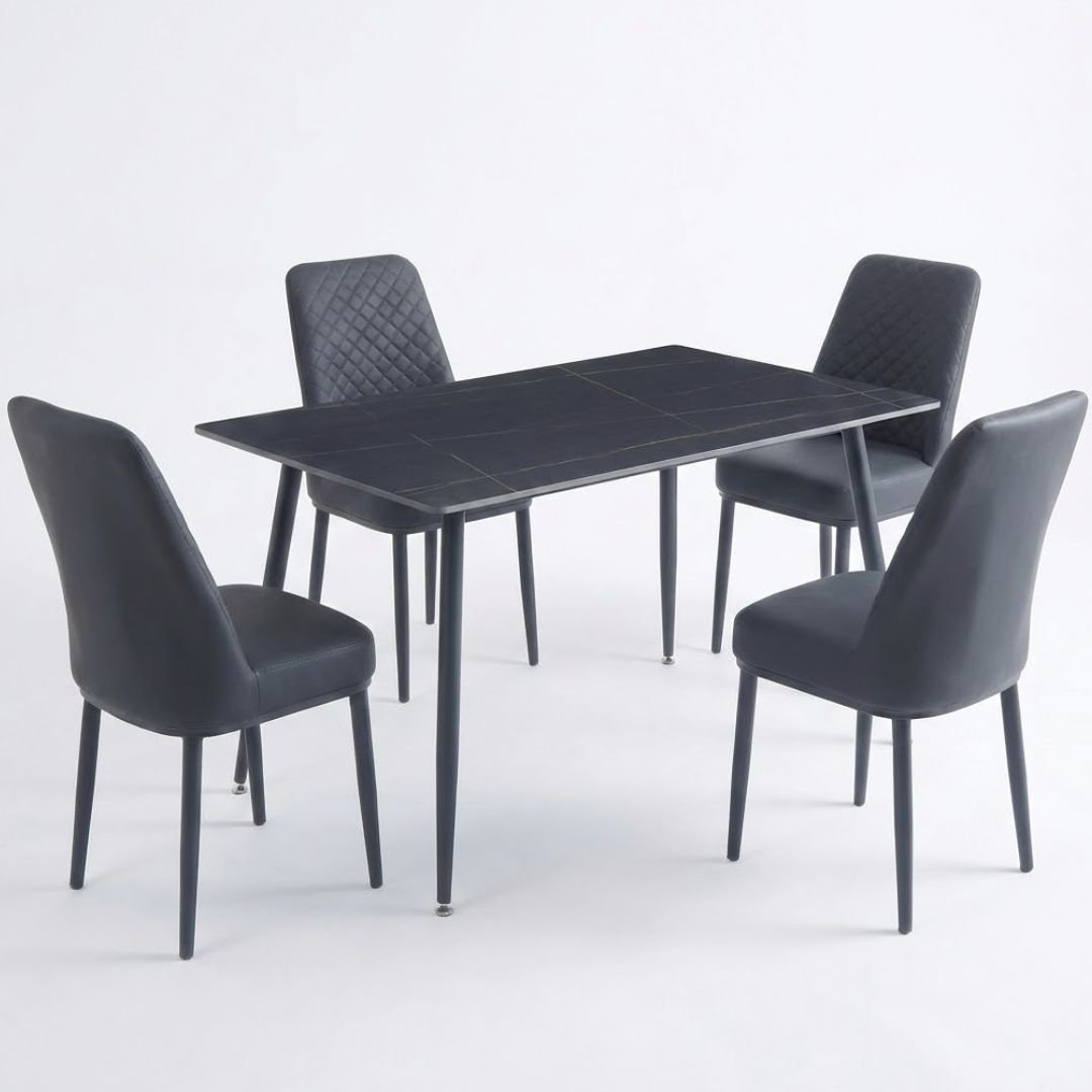 Oxford Black Ceramic Dining Table and 4 Black Upholstered Chairs Set