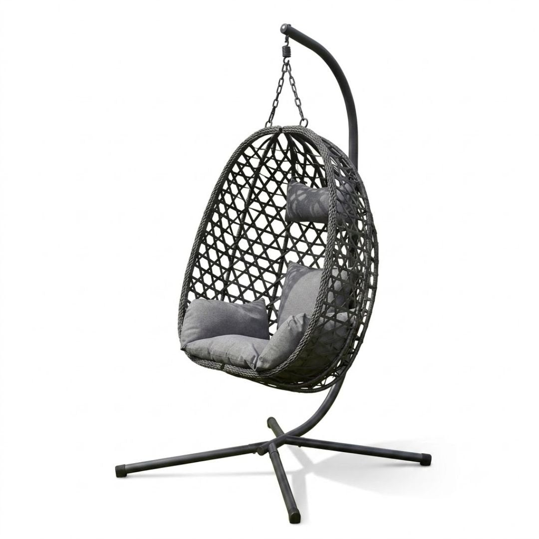 Aura Haus Charcoal Hanging Nest Egg Chair Garden Swing Stand Cushions