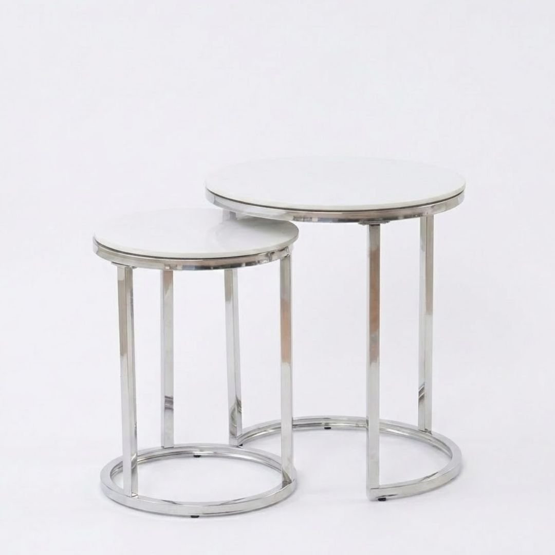 Aiza Grey Marble Effect Nest of 2 Side Tables - Modern Grey Frame