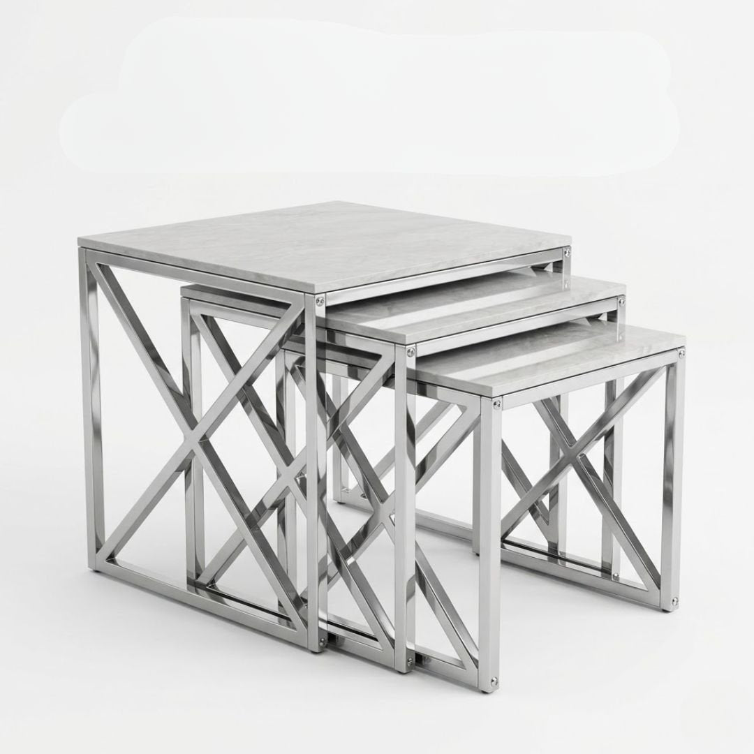 Aida Grey Ceramic Silver Base Nest of 3 Square Side Tables Set